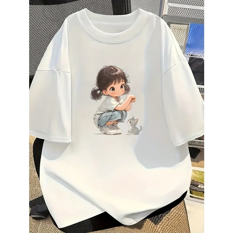 Women's Patterned T-shirt White Short Sleeved Shirt, Cute Anime Design Round Neck Casual Summer Top Cotton Women's Loose Top