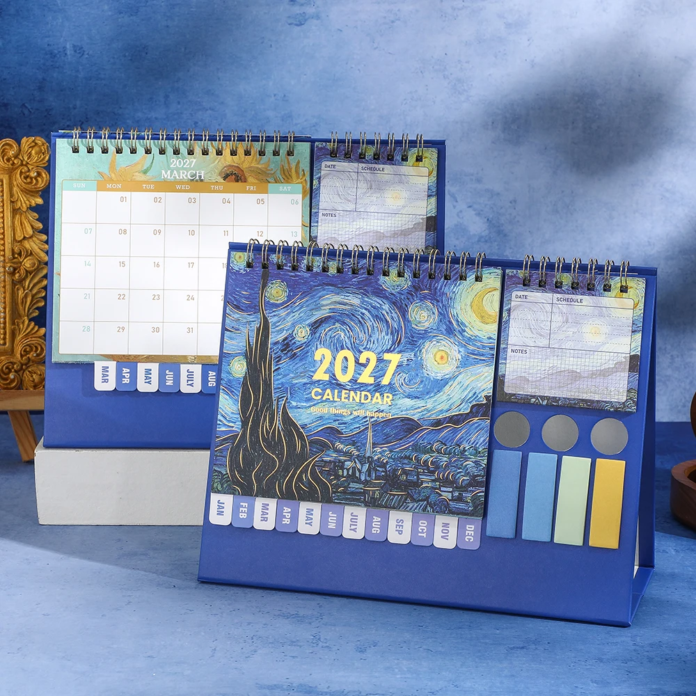 2027 Starry Night Desk Calendar with Stickers Pen Holder Sticky Multifunctional Daily Monthly Organizer for Home Office School
