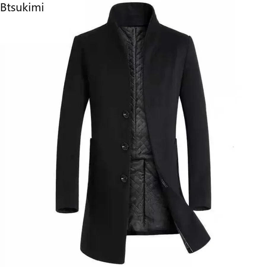 2025Men's Autumn Winter Long Woolen Blazers Thickened Business Trench Coats Men Casual Slim Stand Collar Warm Windbreaker Jacket