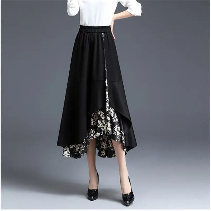 2024 New A-line Black Irregular Skirt ,For Women Clothing ,Spring Autumn Elastic High Waisted Long Skirts ,Retro Floral Skirt