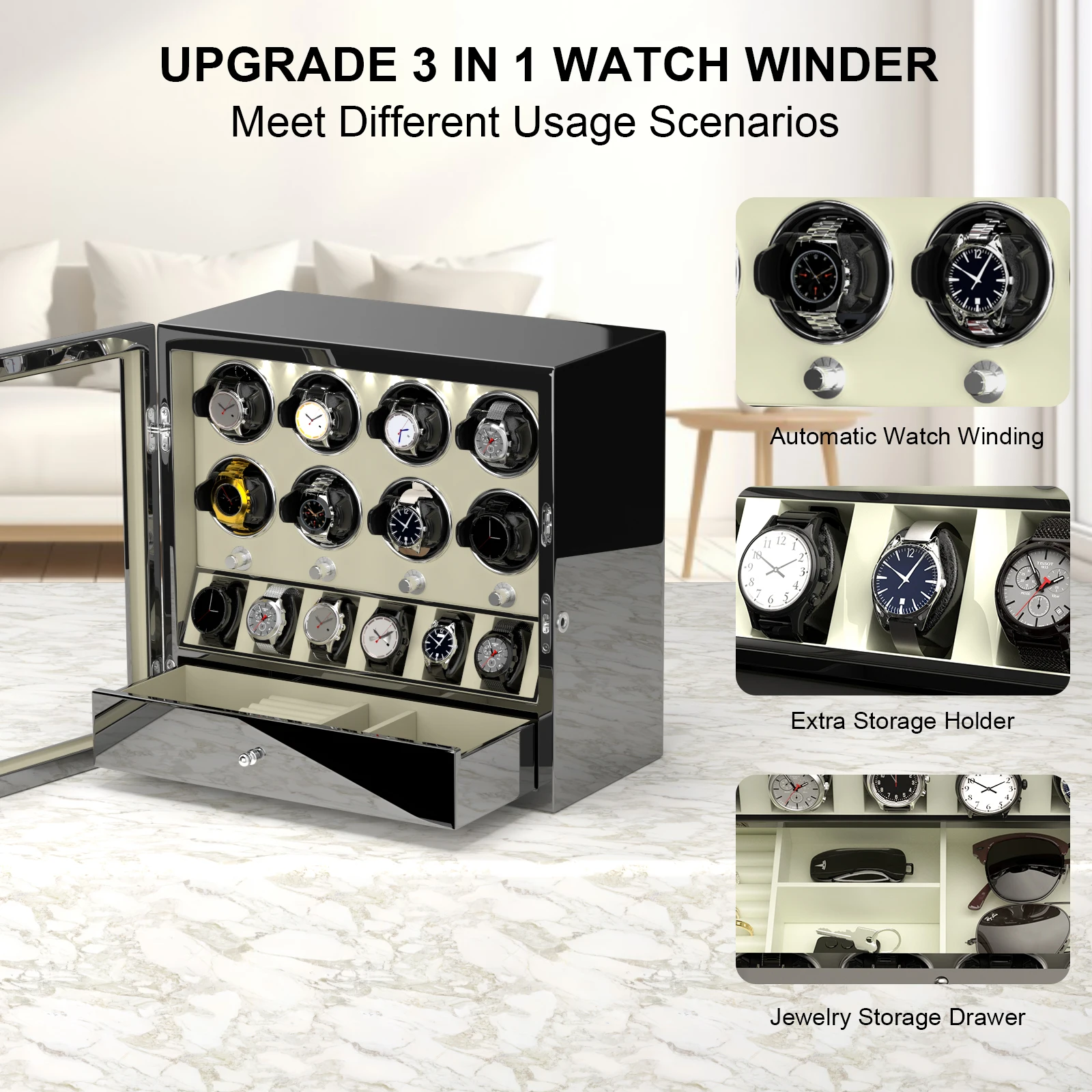 مشاهدة اللفاف لمدة 8 صندوق الساعات التلقائي مع 6 ساعة تخزين عرض مجوهرات جامع Mabuchi موتور براءة اختراع تصميم-أسود