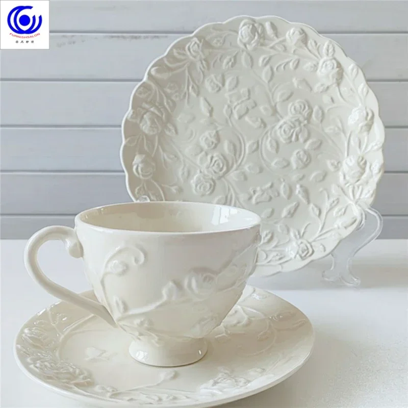 Embossed Rose and Saucer Set Ins Style High Value Coffee Flower Tea Exquisite Afternoon Tea Cup