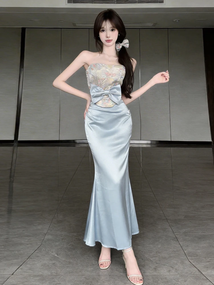 

Elegant Floral Knot One Shoulder Satin Dress And Top Set Sweet Style Four Seasons Youth Suitable Fashionable Tailored