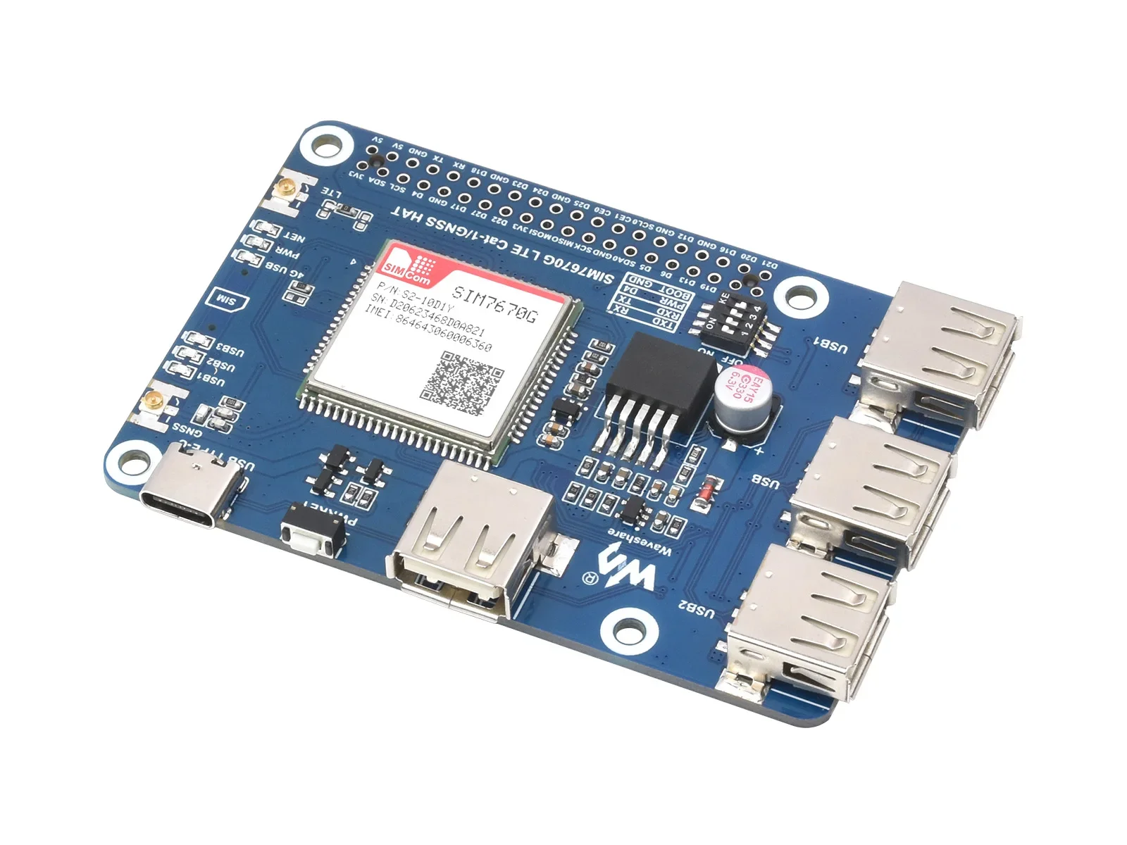 Waveshare Cat-1/GNSS HAT for Raspberry Pi, Based on SIM7670G Module, Global Multi-band LTE 4G Cat-1 Support, GNSS, 3x USB 2.0