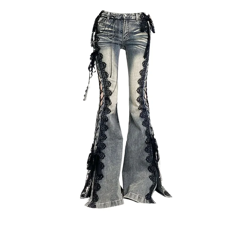 الشارع خمر Y2k الدانتيل حزام سبليت الدنيم السراويل النساء مستقيم فضفاض بنطال ذو قصة أرجل واسعة 2025 الصيف الشارع الشهير جرس أسفل الجينز