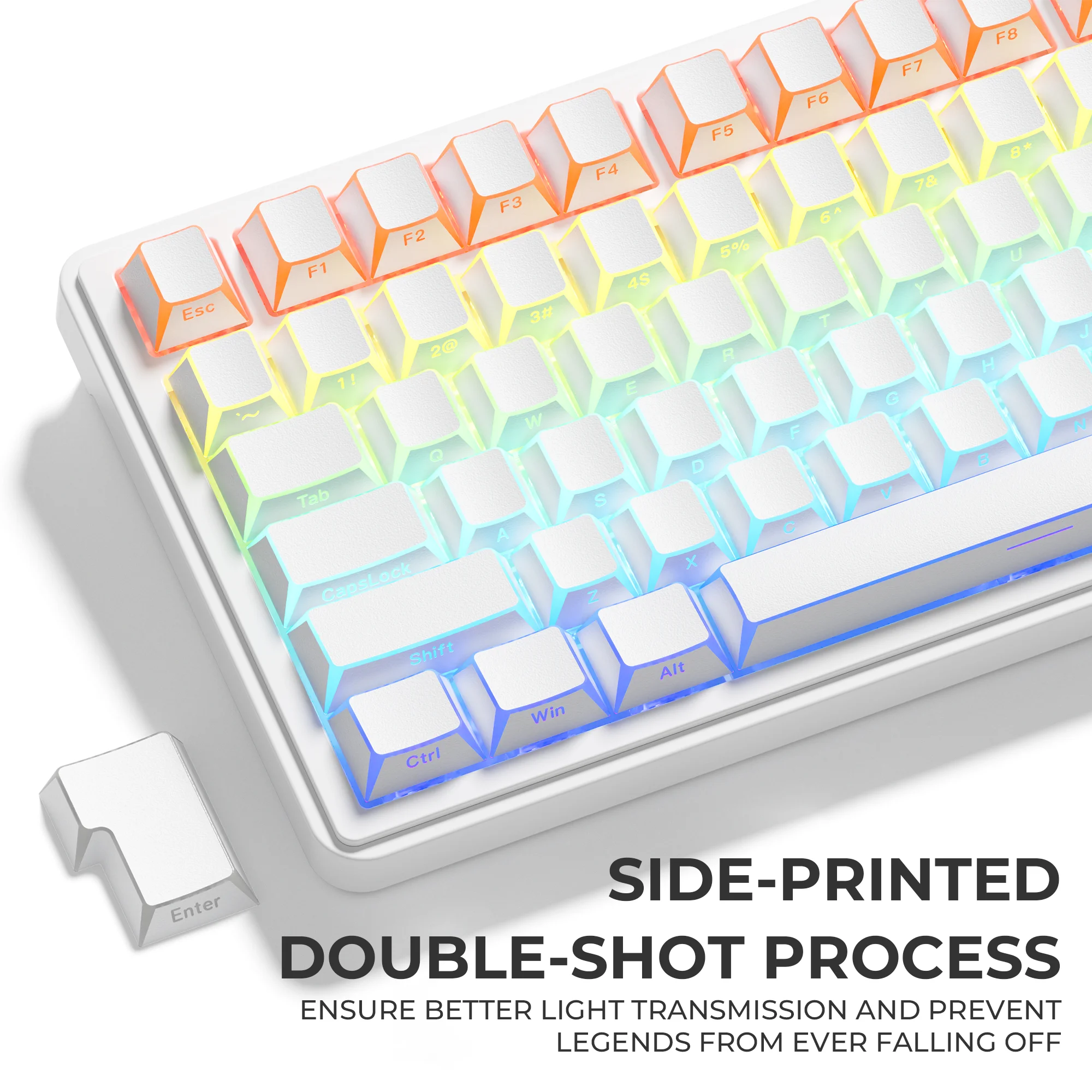 White Shadow Keycaps Edge Backlit PBT Side Print Shine Through Keycap for MX Keyboard Cherry Profile Key Cap 132 Keys