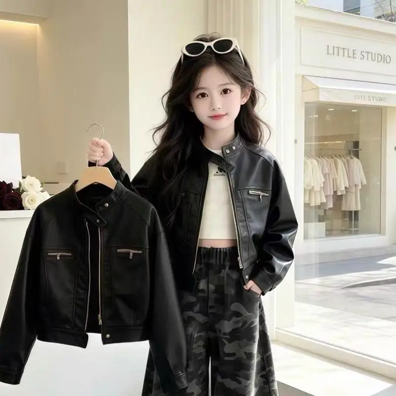 Kids Top Big Kids Spring Autumn Cool Stylish Faux Leather Jacket Short Windproof Warm Coat Outerwear Streetwear Teenage Fashion