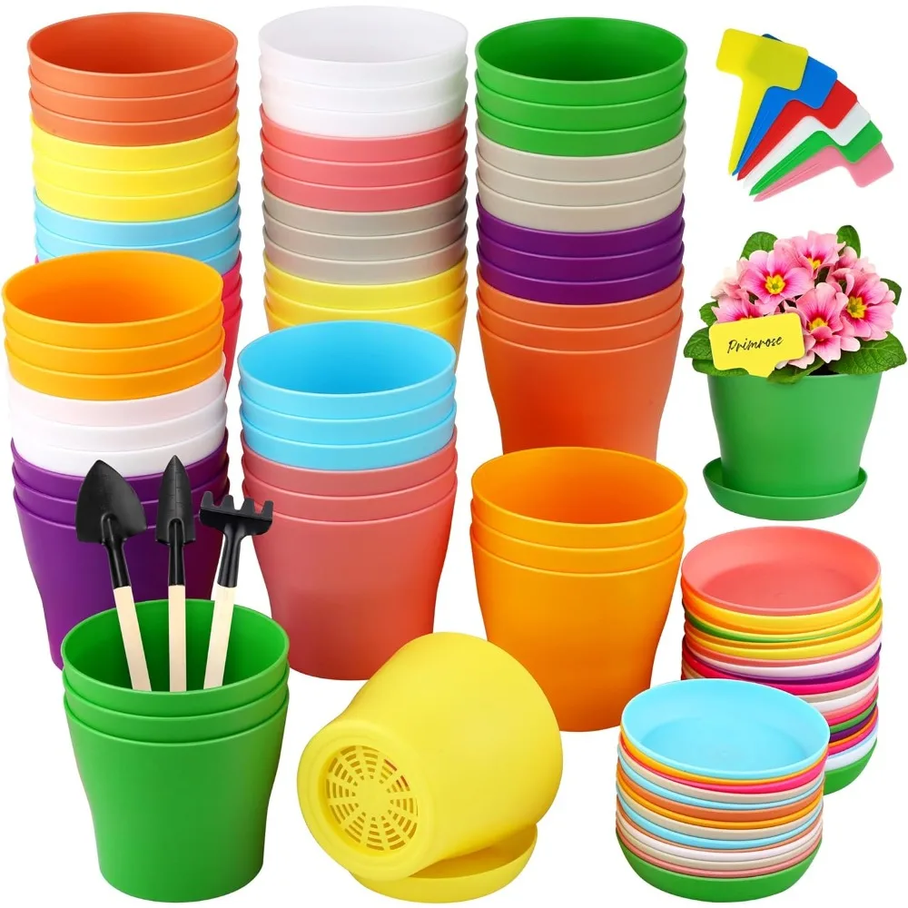 

60 Pcs 4-inch Multicolor Plastic Flower Pot with Drainage Hole, Tray & Labels, for Indoor Outdoor Plant, Herb, Succulen10 Colors