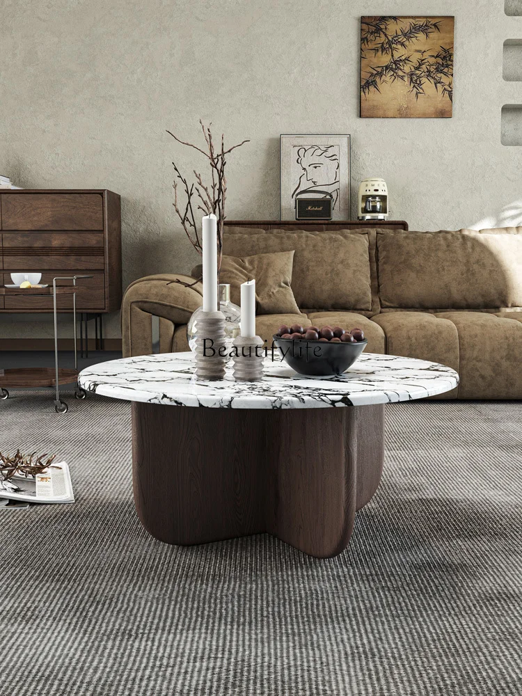 

French Cream Style Small Apartment Round Coffee Table Living Room Home Use Solid Wood Vintage