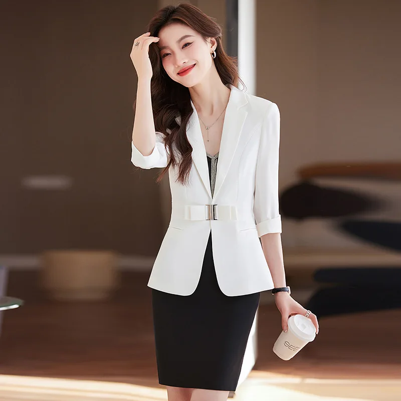 

High-end new professional blazer, stylish and elegant suit, workwear for jewelry store and hotel front desk staff