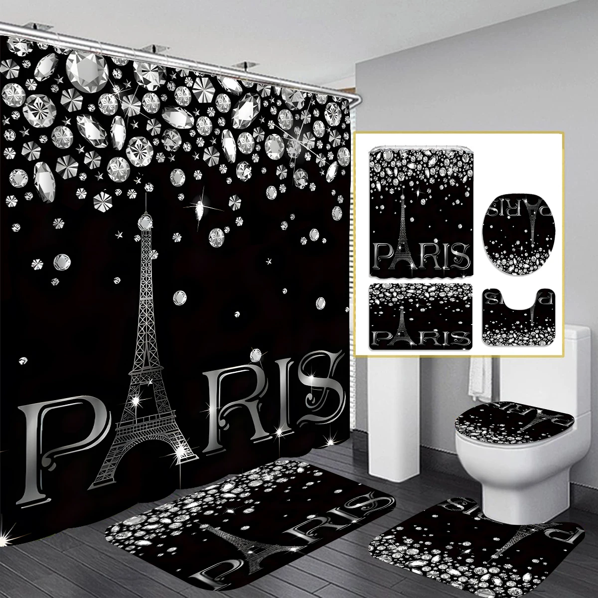 1/4 Piece Shower Curtain Set, Waterproof Bathroom Partition Curtain with Hooks, Anti-Slip Bath Rug, U Shape Mat, Toilet Seat Cov