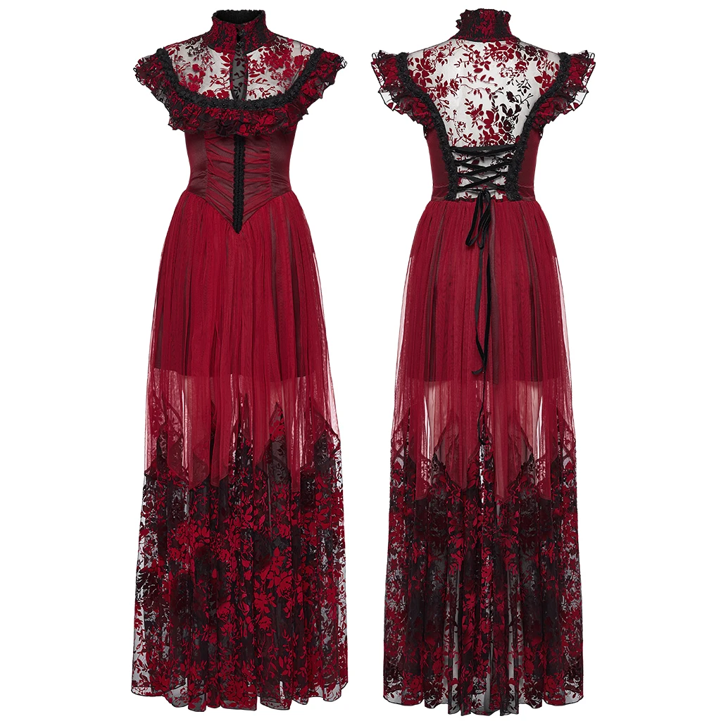 PUNK RAVE Women's Gothic Maxi Dress, Black-Red Polyester Floral Print Lace Up Ball Gown WQ869 view 2