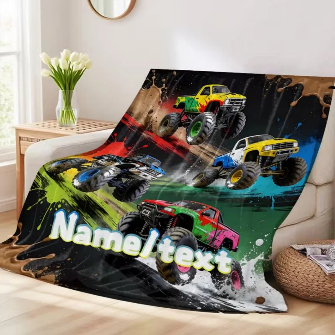 Custom Name Text Off-Road Truck Digital Print Flannel Blanket, Soft Warm Throw for Sofa Bed Travel Camping Office Home Decor