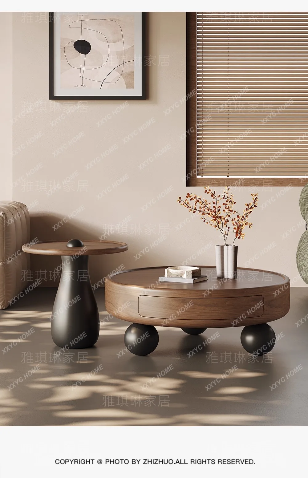 

Vintage Style Home Living Room Modern Simple Light Luxury Minimalist Round Combination Solid Wood Coffee Table