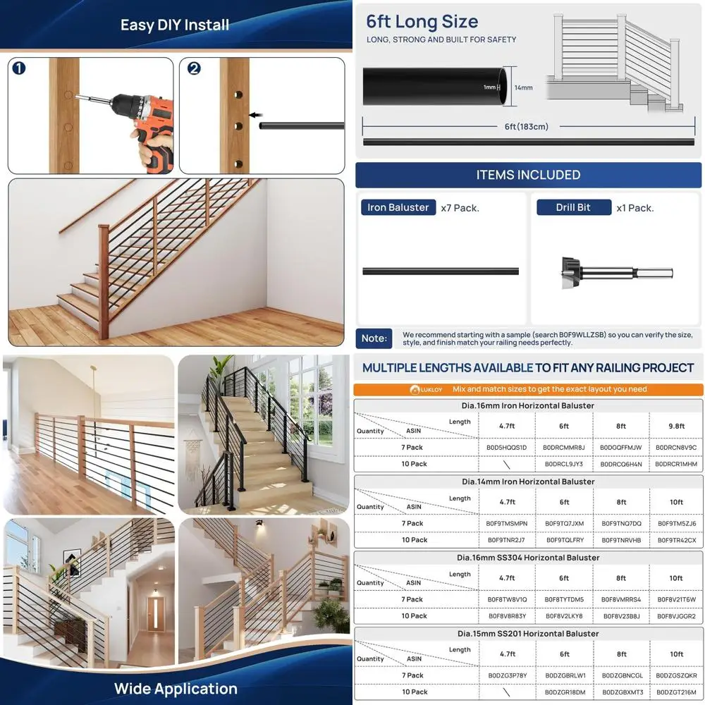 

6 Pack 35/64 Inch Matte Black Hollow Iron Stair Balusters, 14mm Wood Drill Bit Included, Horizontal Interior Spindles for Indoor