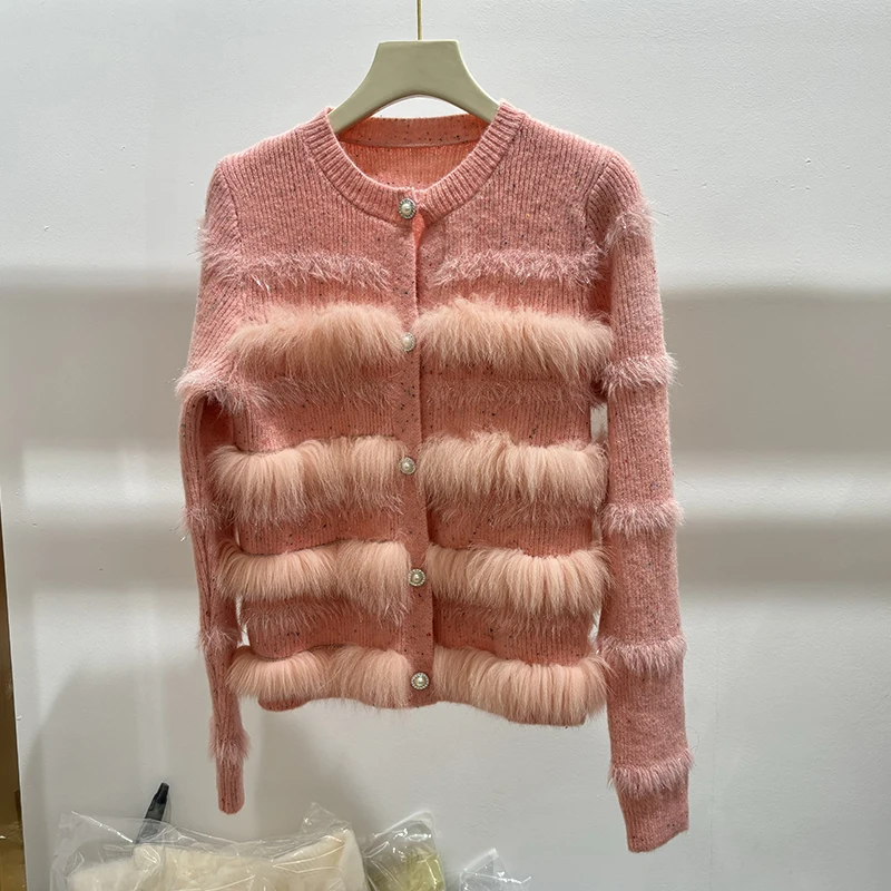 Nowa kolekcja 2025: Damski jesienny niebieski sweter z prawdziwego futra lisa, naturalne futro, nowy wzór, dzianinowa kurtka.