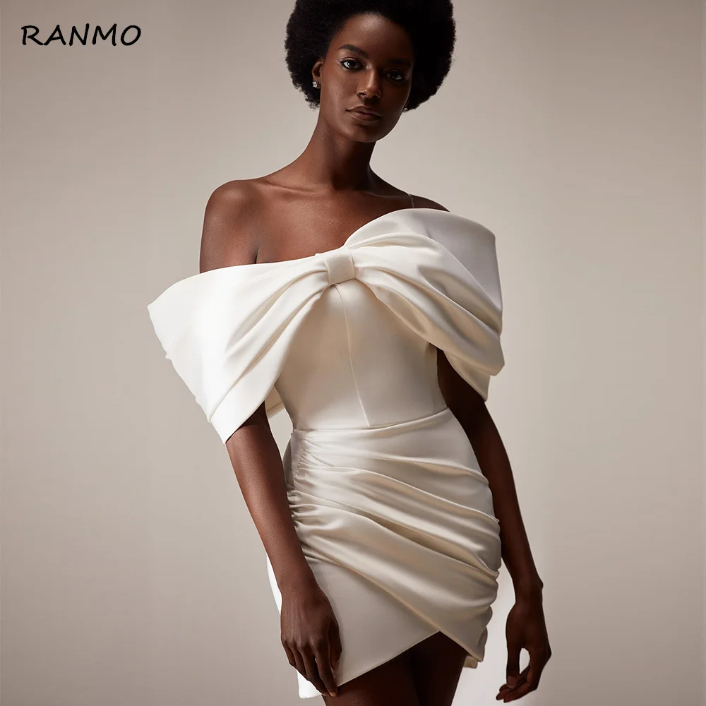 RANMO Short Wedding Dress Sheath Off the Shoulder Zipper Up Mini Wedding Gown Modern Bow Wrap Backless Above Knee Bride Dress