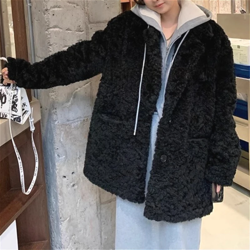 

2026 Women Faux Wool Fur Coat Solid Short Jacket Turn Down Collar Long Sleeve Single Breasted Thick Loose Casual Autumn Winter