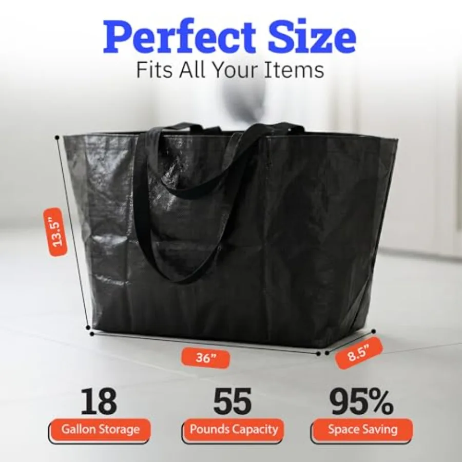 Haul-It-All Extra-Large Reusable Shopping Bag, Black, Pack of 2 Heavy Duty Open-Top Tote with Handles, 18-Gallon Capacity