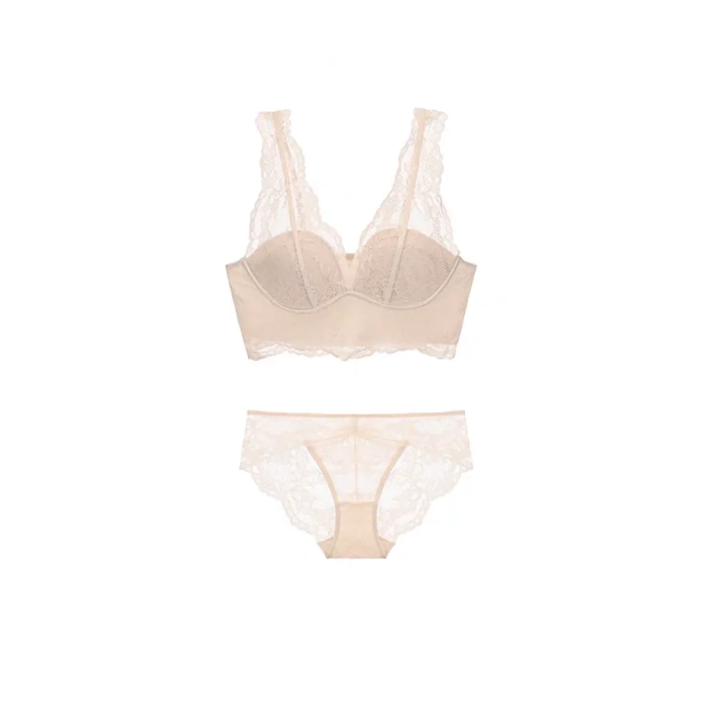 

Comfortable Wireless Lace Bra Briefs Set Sweet Low Waist Bra Panties Set Lingerie Mesh Transparent Women Underwear Girl