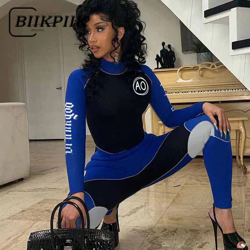 BIIKPIIK moda kontrastowy kolor obcisłe kombinezony Moto i motocyklista Streetwear nadrukowane litery damskie Romper Clubwear kombinezon modelujący