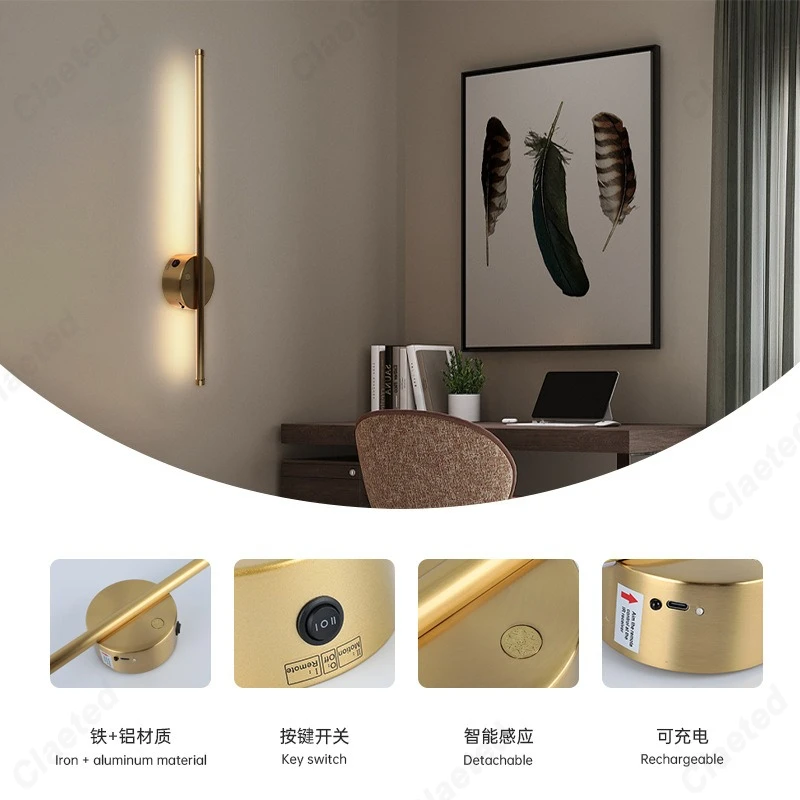New LED Induction Strip Wall Lamp Charging Wiring-free Remote Control Timing Living Room Corridor Bedroom Bedside Lighting