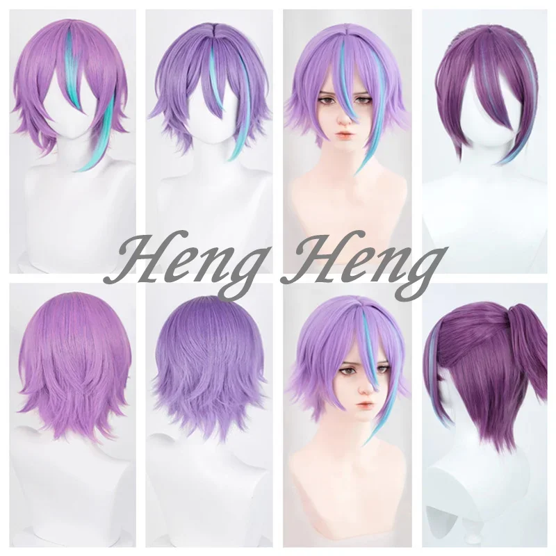 Kamishiro Rui Synthetic Hair Anime Short Purple Highlights Blue Cosplay Wig Earring Ear Heat Resistant Hair Halloween Party Wigs