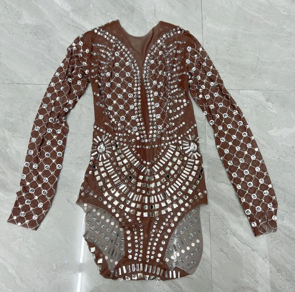 Body in rete con strass Sexy discoteca Cantante Ballerino Abbigliamento da palcoscenico Vedi attraverso body elastico in cristallo DJ Gogo Pole Dance Costum
