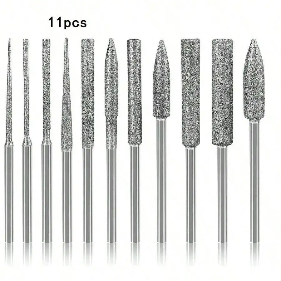 

11PCS Diamond Grinding Head Polishing Kits Rotary Tools Small Long Cone Accessories with 1/8’ Shank For Carving Stone Glass etc