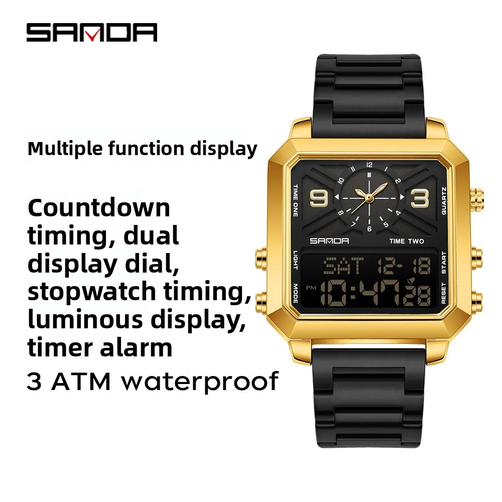 SANDA 6265 Квадратные часы с двойным дисплеем, мужские электронные кварцевые часы с двойным механизмом, 3 атм, водонепроницаемые, с ночником, спортивные деловые часы