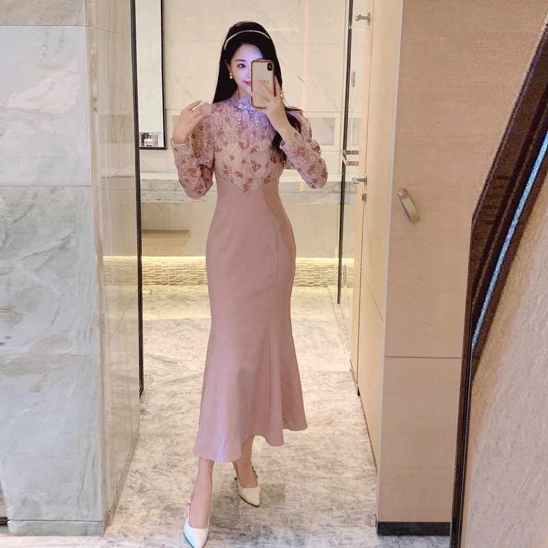 

Ele Pink Women's Long Dr 2024 New Sle Autumn Winter Bodycon Fi Tail Gown Soft Gentle Sle Polyester Fiber 00%