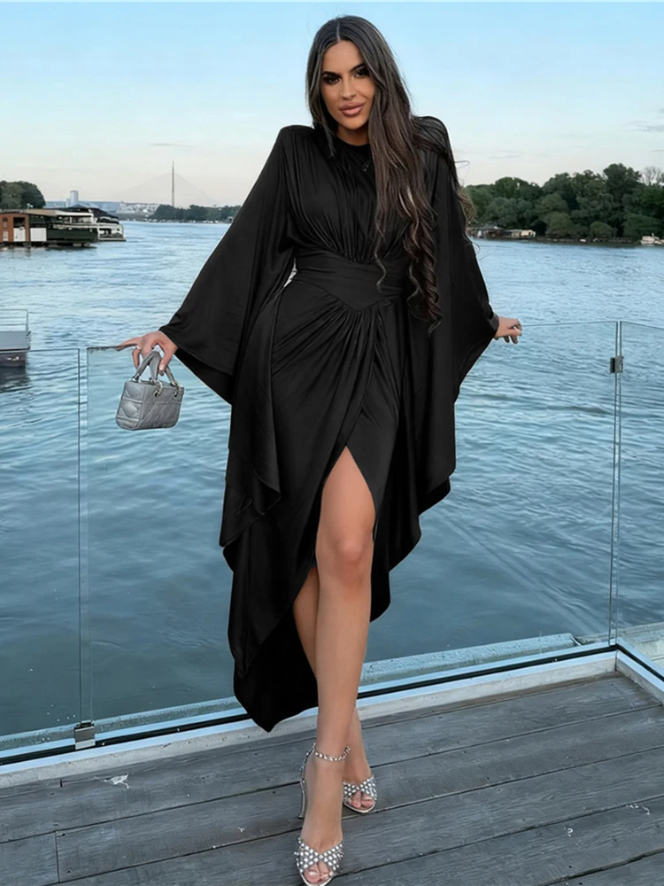 เดรสแขนบานทรงคลาสสิกเซ็กซี่ของมาเชดา สำหรับผู้หญิง ตกแต่งผ้าต่อกัน คอทรงโอ ชายเสื้อไม่สมมาตร เรียบหรู เข้ารูป สำหรับงานเลี้ยงกลางคืน งานพรอม หรืองานปาร์ตี้