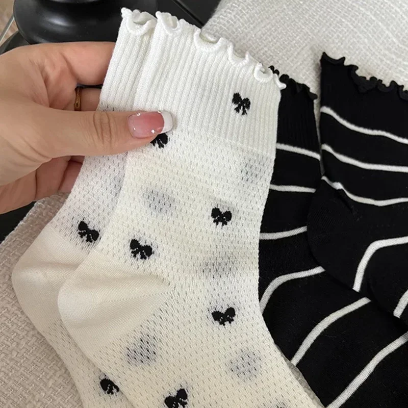 New JK Japanese Style Kawaii Socks Ballet Bow Ribbon Bowknot Bandage Cute Long Stocking Women Lolita Sweet Girls Black White Sox