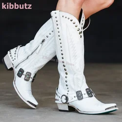 Cowboy Boots Knee High Rivet Leather Fashion Luxury Concise Elegant Sexy Pointed Toe Square Heels Side Zipper Women Shoes Newest