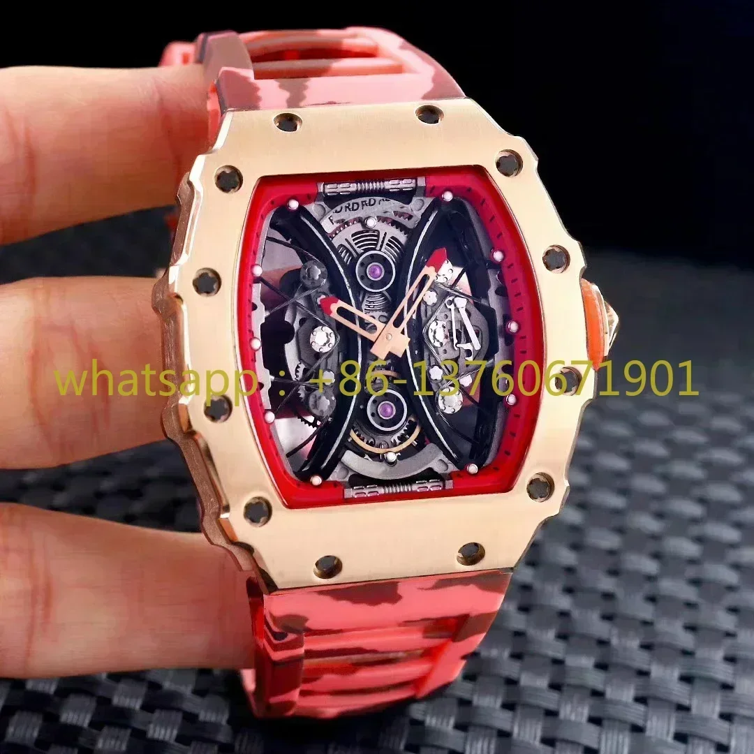 Luxury New Blue Rubber Men Watch Automatic Mechanical Tourbillion Black Rose Gold Skeleton Watches