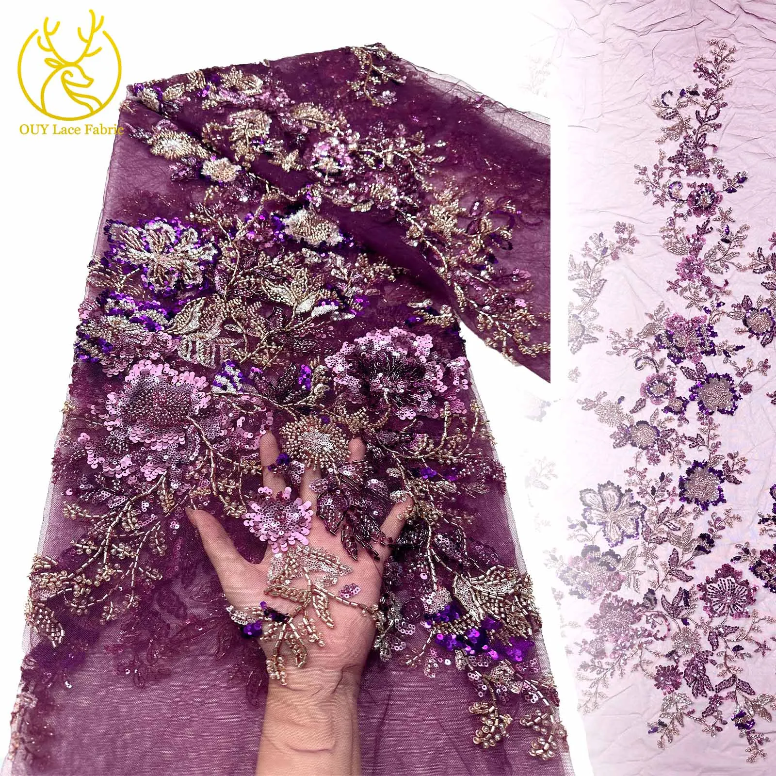 

Delicate African Mesh Sequin Lace Fabric 5 Yards Nigerian French Beaded Lace Fabric for Wedding Party Dress Sewing Material