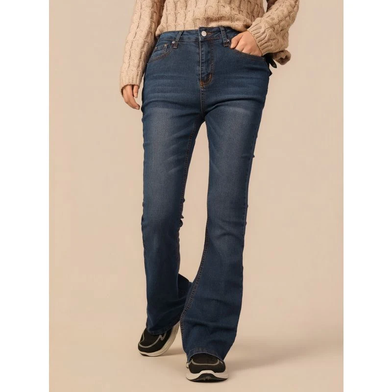 Lady Dark Blue High Waist Flared Jeans Girls Stretch Slim Fit Thin Denim Pants Women Retro Fashion Solid Color Trousers