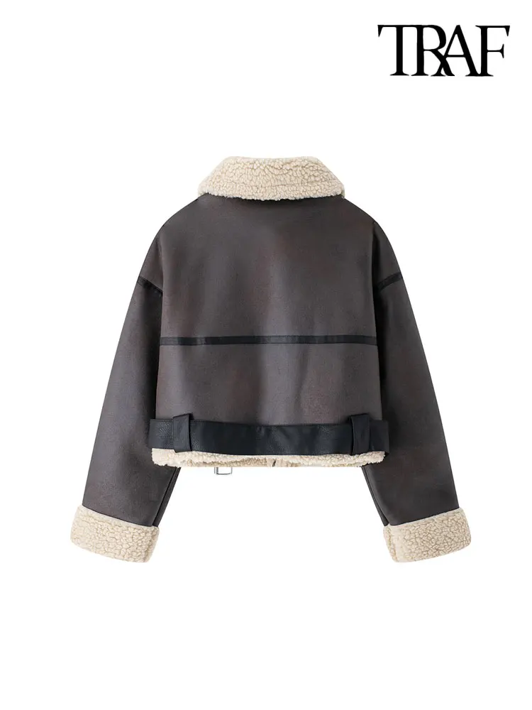 TRAF Winter Women Fashion With Belt Suede Lamb Leather Jacket Coats Faux Shearling Sheepskin Leather Outerwear Chic Tops