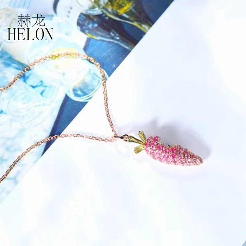 HELON Solid 14k Rose Gold Natural Pink Sapphire Necklace Real Peridot Carrot Clavicle Chain Pendant Women Gemstone Jewelry Gifts