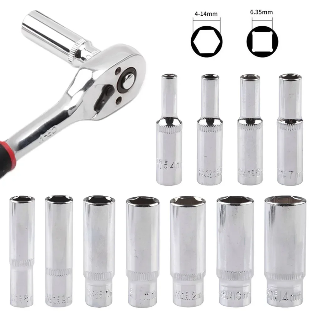 1PCS 4-14mm Deep Socket Wrench Head Deep Socket Adapter 1/4 Inch Hex Socket Wrench Head Ratchet Tool High Torque