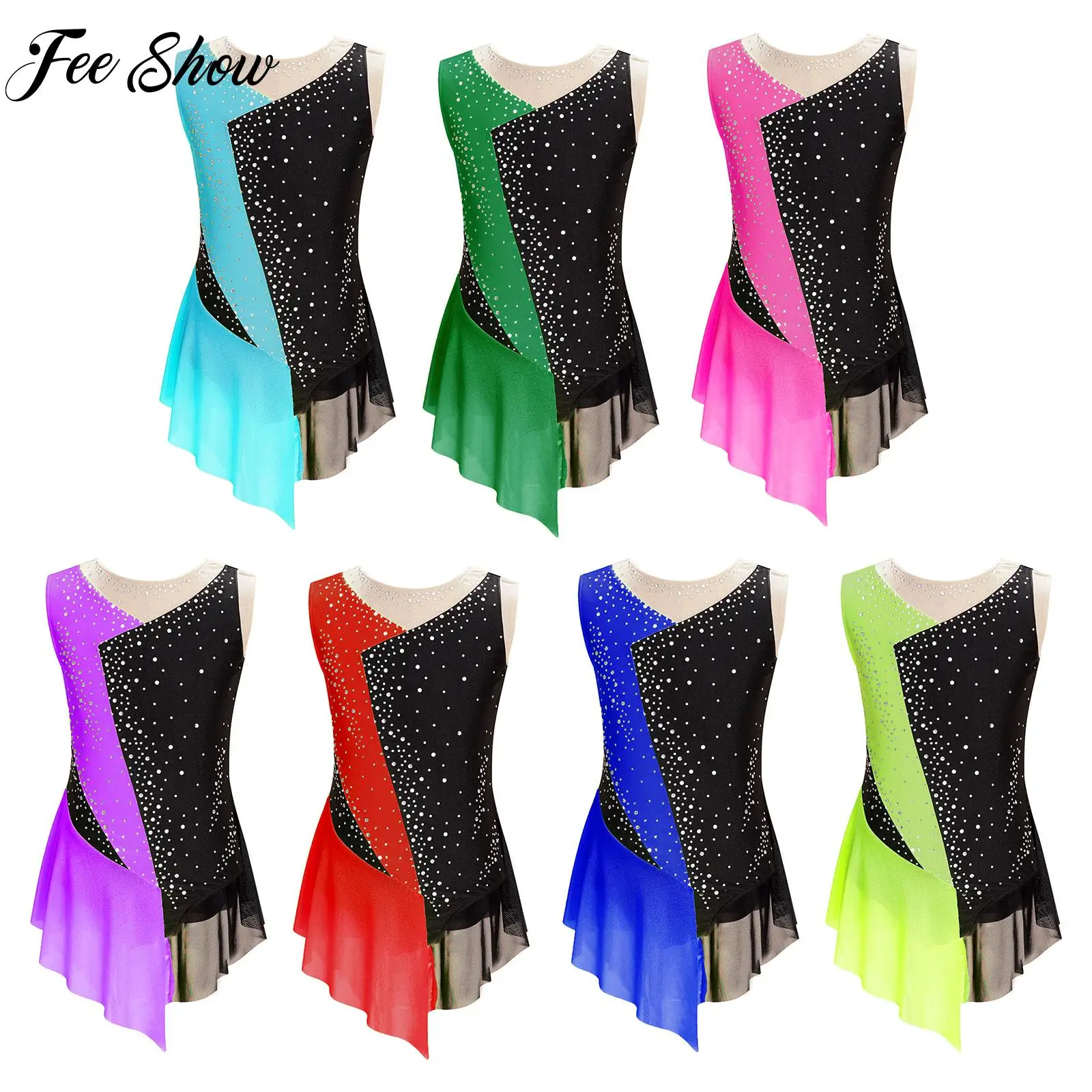 

Kids Rythmic Gymnastics Figure Ice Skating Dress for Girls Rhinestone Mesh Sleeveless Ballet Dance Leotard Bodysuit Dancewear