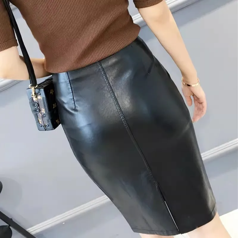 Woman High Waist Pencil Skirts Club Vintage Bodycon Midi Skirt PU Leather Skirt Sexy Jupe Faldas