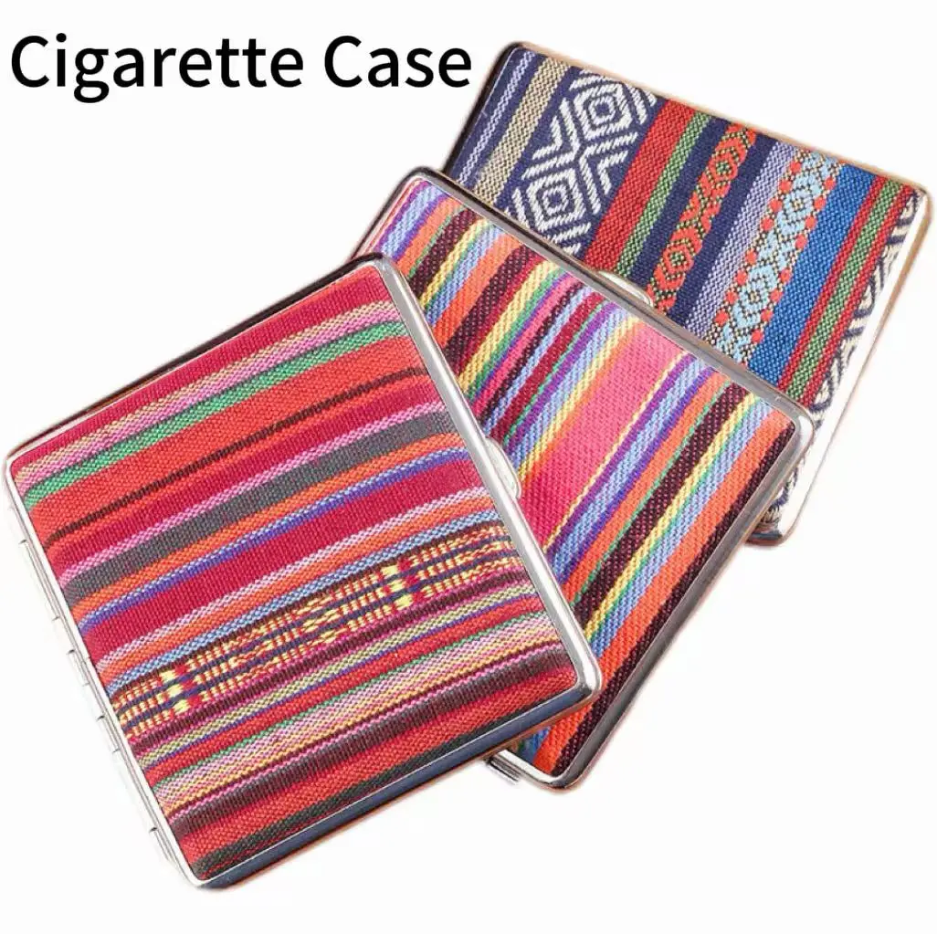 95 mm großes Zigarettenetui aus Stoff im Bohemian-Stil – Ethno-Streifen-Etui für 20 Zigaretten, 180 °   Hinge, Weihnachtsgeschenk für Ihn & Sie
