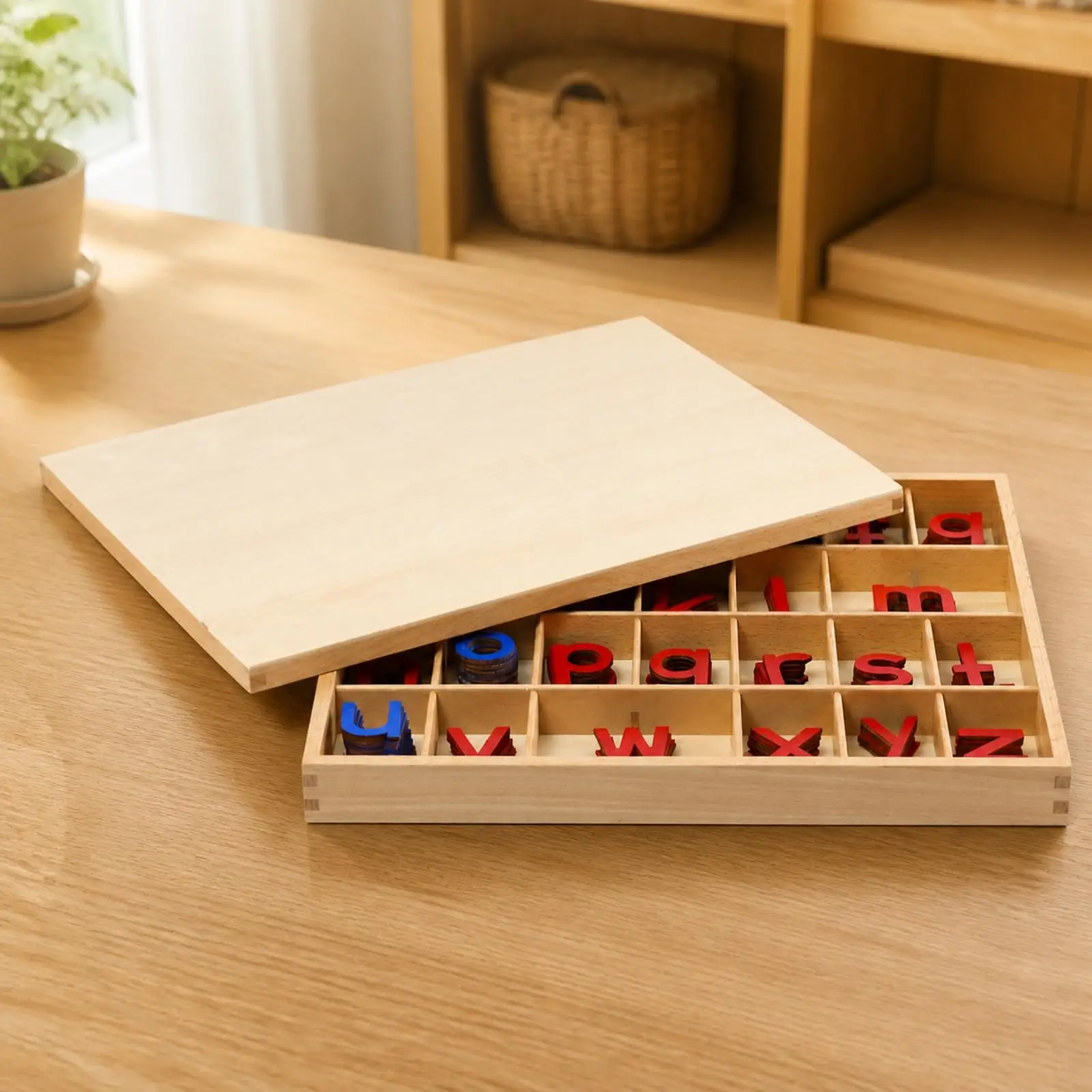 Childrens Wooden Alphabet Sorting Toy with Compartmentalized Storage Box for Letter Recognition and Basic Spelling Home