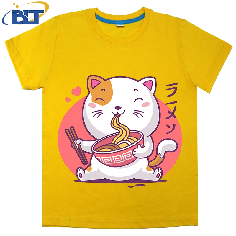 Neko Ramen camiseta estampada para niños, tops casuales de manga corta de algodón para niños y niñas, Verano