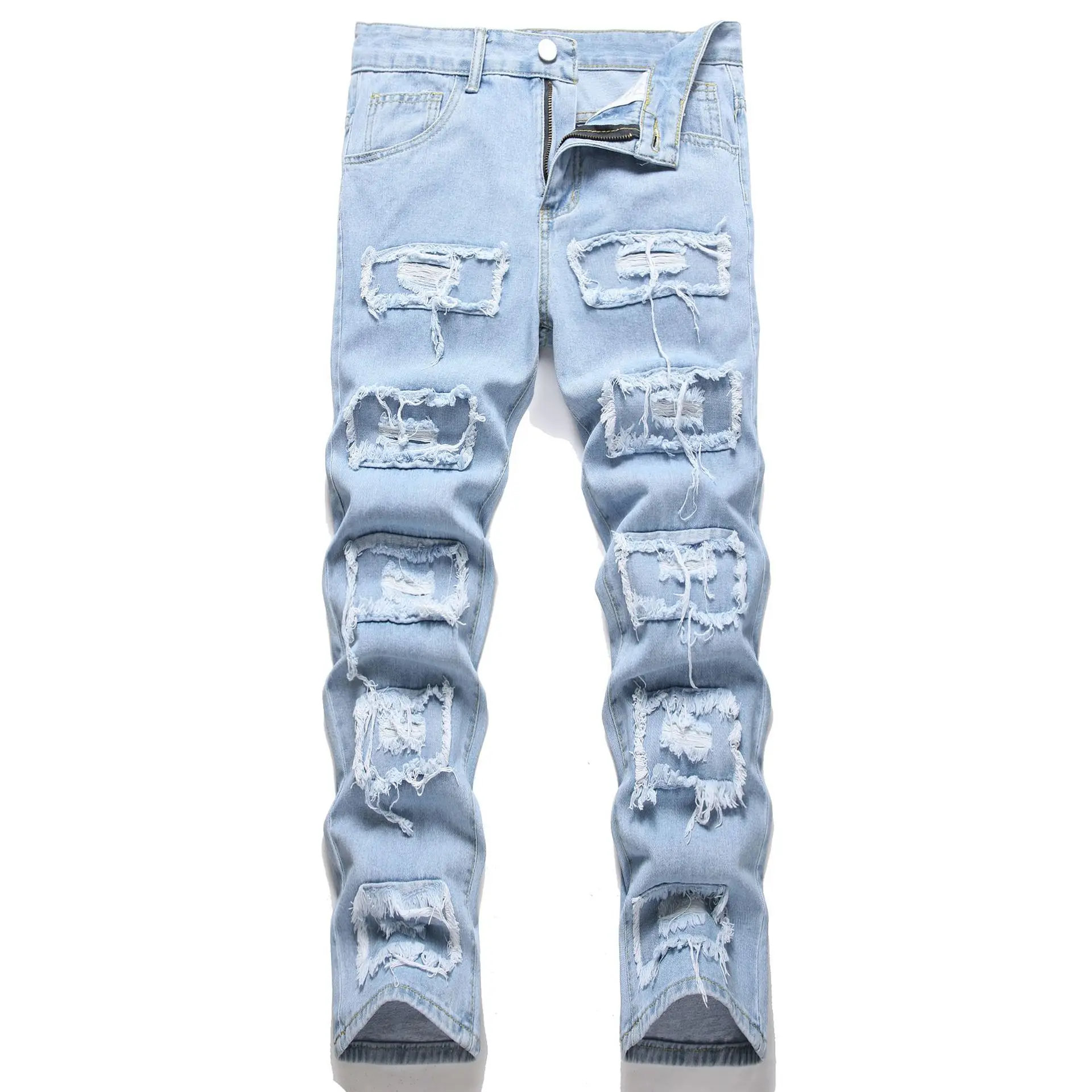 

Holes Men Jeans Ankle Length Pants Denim Skinny Ripped Solid Vintage Wash Distressed Slim Fit Pockets 2024 High Street