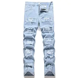 Holes Men Jeans Ankle Length Pants Denim Skinny Ripped Solid Vintage Wash Distressed Slim Fit Pockets 2024 High Street