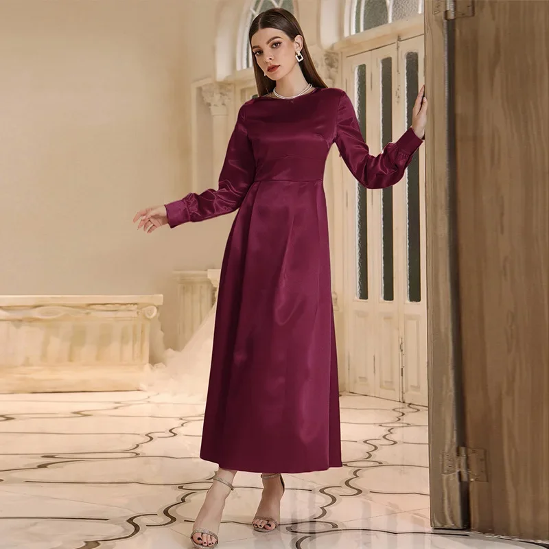 Women Eid Muslim Abaya Jalabiya O Neck Dubai Long Robe High Waist Solid Color Vestidos Arab Pearls Elegant Islam Abayas