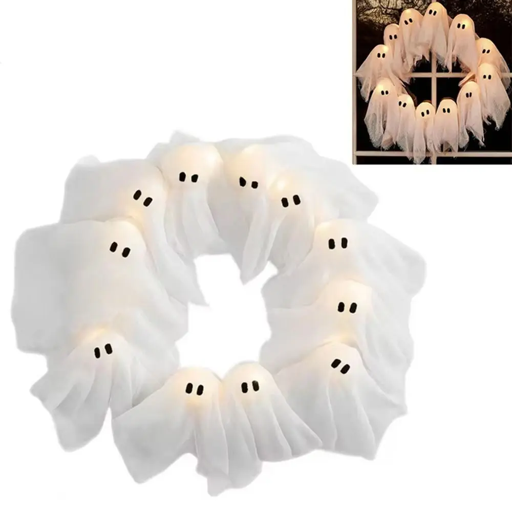

Funny 11 LED Lights Ghost Wreath Creative 35cm Halloween Wreath Wall Decor Cartoon Spooky Front Door Hanging Decor Porch Decor