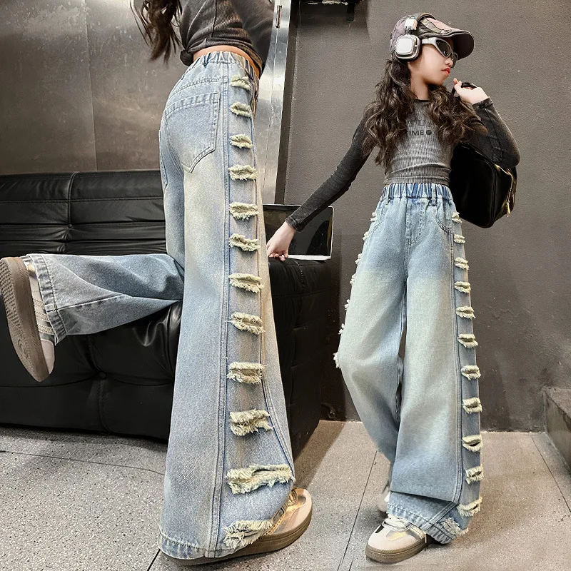 جينز ربيعي للأطفال البنات لعام 2025 سروال جرس مرن للأطفال ممزق بنطال ذو قصة أرجل واسعة من قماش الدنيم بنطلون خريفي 4 5 8 10 11 12 13 سنة #6